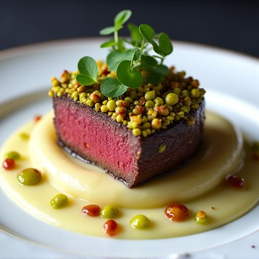 Piatto di filetto di manzo in crosta di pistacchio